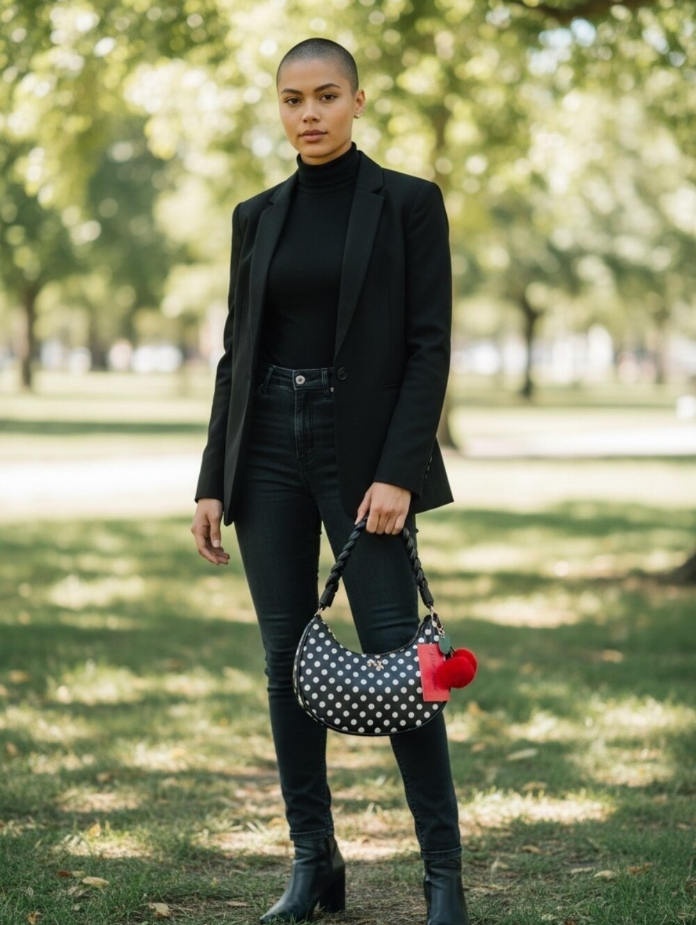 Betsey Johnson Black Polka Dot Crescent Hobo with Red Heart Charm